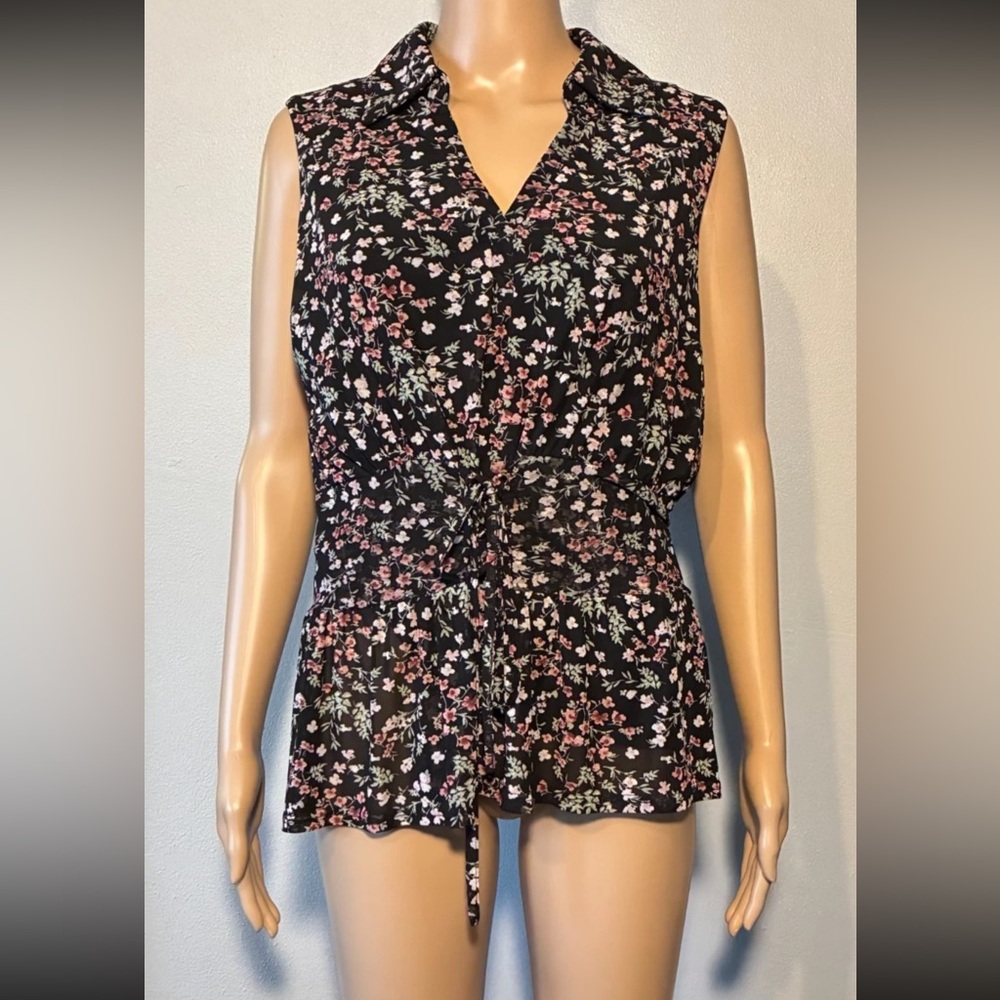 Ember Women's Blouse Size XL Floral Empire Waist Chiffon Lined Peplum Sleeveless